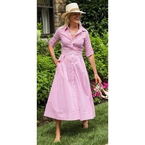 CK Bradley Monaco Pink Striped Button Front Shirt Dress w/ pockets S